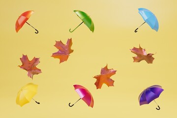 abstract background consisting of patterns of colorful umbrellas and leaves on a yellow background. 3d render