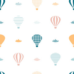 Seamless pattern with balloons and clouds fly in the sky. Perfect print for tee, textile, paper and fabric. Retro vector illustration for surface design.