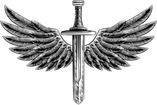 Vintage Woodcut Winged Sword