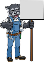 Wolf Cartoon Mascot Handyman Holding Sign