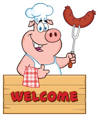 Chef Pig Cartoon Mascot Character Holding A Sausage On A Bbq Fork Over A Wooden Sign Giving A Thumb Up. Hand Drawn Illustration Isolated On Transparent Background