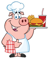 Chef Pig Cartoon Mascot Character Holding A Tray Of Fast Food And Giving A Thumb Up. Hand Drawn Illustration Isolated On Transparent Background
