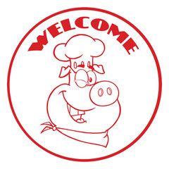 Winking Chef Pig Face Cartoon Mascot Character Red Circle Banner With Text Welcome. Hand Drawn Illustration Isolated On Transparent Background