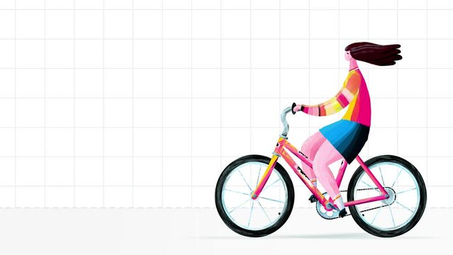 Woman character animated riding a bicycle on light grid moving background. Paint hand made cartoon style seamless loop. Empty place for titles. Motion design graphic animation business explainer style