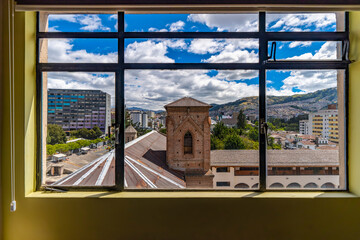 Cityscape of Quito, the capital of Ecuador, from the window