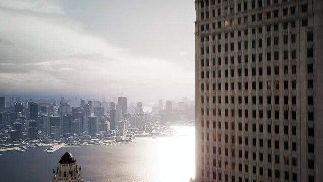 Camera moving up high between modern skyscrapers showing beautiful panorama of a 3d city. 3d animation