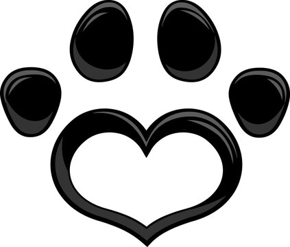 Black Love Paw Print Logo Flat Design. Hand Drawn Illustration Isolated On Transparent Background