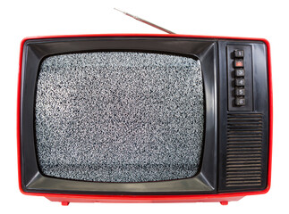 Red vintage portable CRT TV set made in USSR with television static noise on screen isolated on...