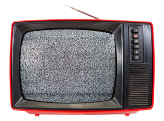 Red vintage portable CRT TV set made in USSR with television static noise on screen isolated on white background. Retro technology concept