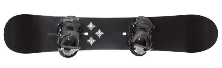 Black snowboard with bindings on white background
