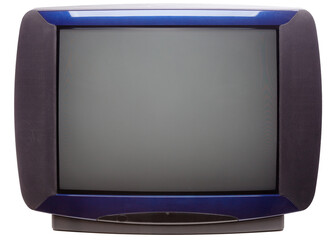 Vintage large screen stereo CRT television set with blue front isolated on white background