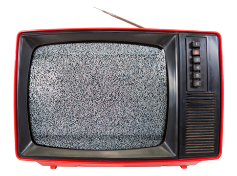 Red vintage portable CRT TV set made in USSR with television static noise on screen isolated on white background. Retro technology concept