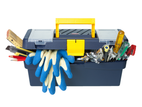 Plastic workbox with assorted tools on white background