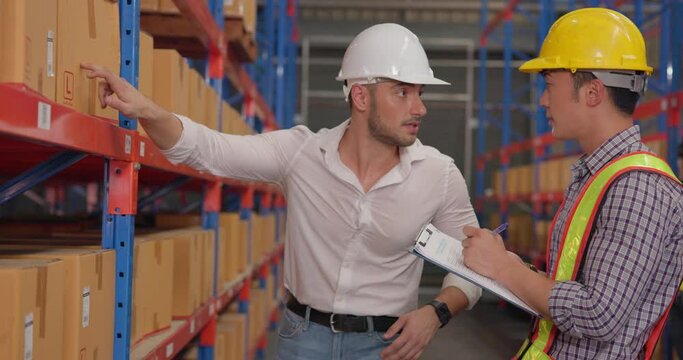 Supervisor is angry. Detected dirtiness in the warehouse, blamed worker, Employees who were frustrated used walkie talkies to blame those in control of the factory's workspace. Working in Lo