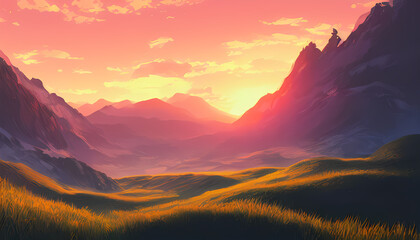 Fototapeta na wymiar Mountains landscape at sunrise. Digital Painting. Scenery Artwork
