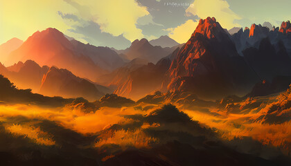 Fototapeta na wymiar Mountains landscape at sunrise. Digital Painting. Scenery Artwork