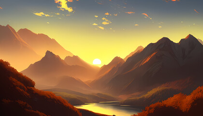 Mountains landscape at sunrise. Digital Painting. Scenery Artwork