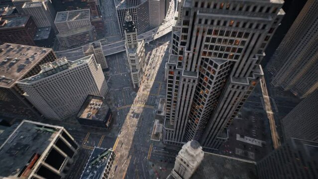 Camera arrives from aerial view to the traffic. cityscape. Traffic highway transportation. Skyscrapers buildings at downtown streets.