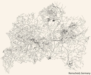 Detailed navigation black lines urban street roads map of the German regional capital city of REMSCHEID, GERMANY on vintage beige background