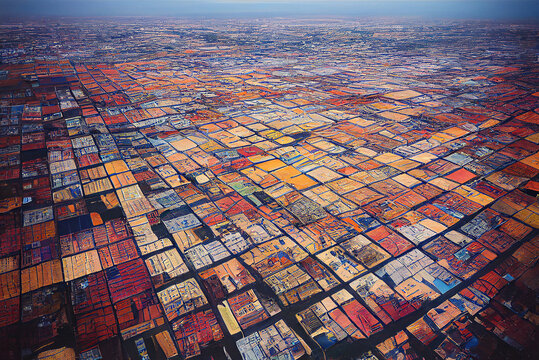 Illustration representing a huge slum poor city in the way of an aerial photo, many colors

