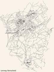 Fototapeta na wymiar Detailed navigation black lines urban street roads map of the LENNEP QUARTER of the German regional capital city of Remscheid, Germany on vintage beige background