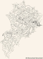 Detailed navigation black lines urban street roads map of the ALT-REMSCHEID QUARTER of the German regional capital city of Remscheid, Germany on vintage beige background