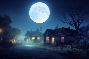 3D illustration of a Halloween concept background of a castle and graveyard. Horror background.