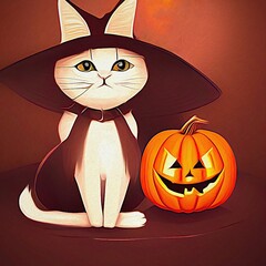 Halloween cat wearing hat with a pumpkin