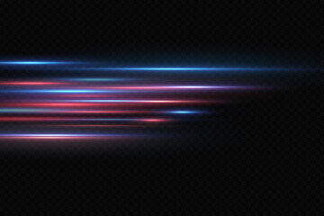 Fototapeta na wymiar Motion light effect for banners. Blue lines. The effect of speed on a blue background. Red lines of light, speed and movement. Vector lens flare.