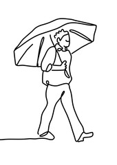 One continuous line drawing, people walking with umbrellas
