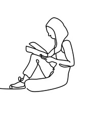 continuous line drawing , people  read a book	