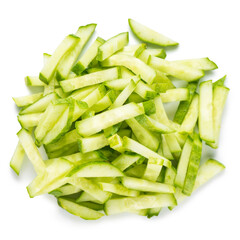 top view of cucumber vegetables julienned for salad isolated on white background, concept vegan food