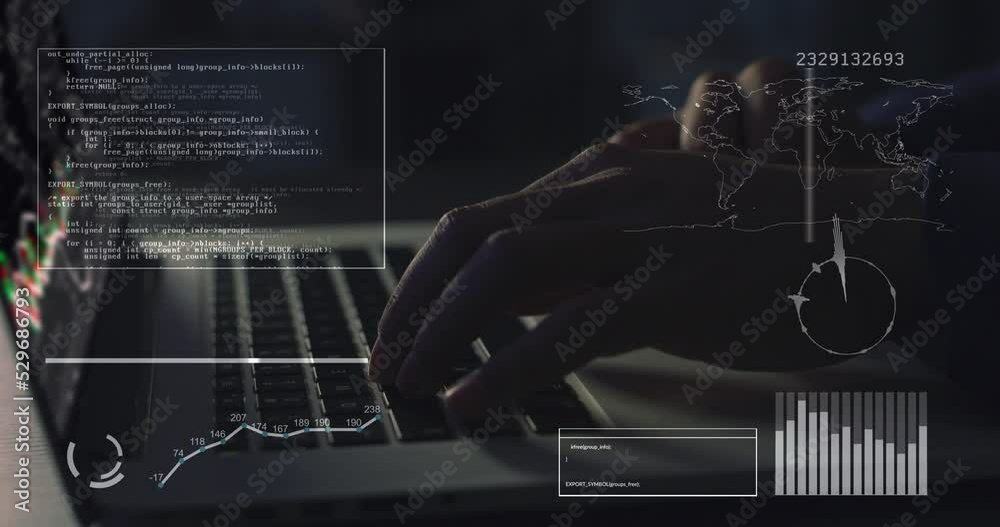 Poster Cyber security, hacker and web design code programmer doing ai, erp and cloud computing glitch on website database. Software developer coding ux, data science and nft digital transformation on laptop