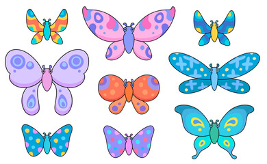 Set of illustrations of different colorful butterflies in cartoon outline style for children's books and stickers isolated on white background