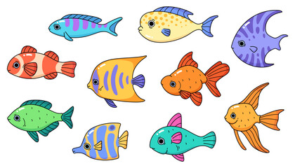 Set of illustrations of different colorful fish in cartoon outline style for children's books and stickers isolated on white background