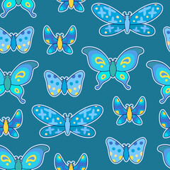 Children's fun pattern with cartoon butterflies in outline style. Background for the covers of sketchbooks and notebooks