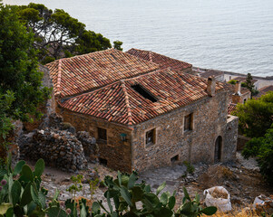 Rooftop of stone house in Monemvasia, Greece