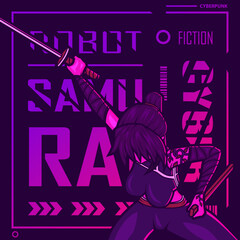 Samurai woman cyberpunk fiction t-shirt colorful design. Abstract vector illustration.