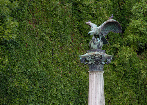 Turul statue on with a green background Budapest Gellert Hill, Hungary