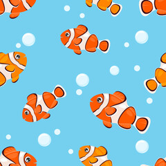 Cartoon clownfish seamless pattern. Background with cute funny sea fish. Vector cartoon flat illustration. Coral reef dweller.