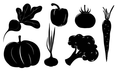 Vegetables. Black silhouette with white lines. Beetroot, pepper, carrot, pumpkin, broccoli, onion, tomato. on a white background.
