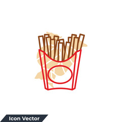 french fries icon logo vector illustration. French fry stick in paper box. Delicious fried potato symbol template for graphic and web design collection