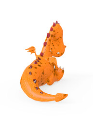 baby dragon is sitting and sad on white background hear view