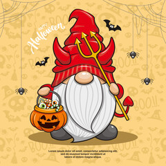Happy Halloween With Cute Devil Gnome On Seamless Background, Cute Cartoon Illustration