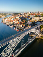 Fototapeta premium Aerial photography of Porto, Ribeira and Douro River at sunrise