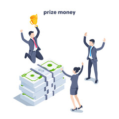 Fototapeta premium isometric vector illustration on a white background, people in business suits rejoice in success next to a large stack of money, prize money
