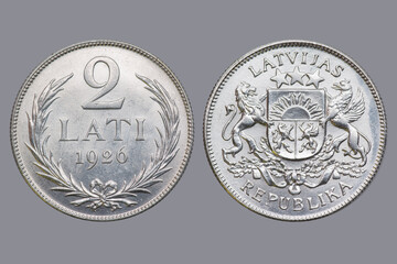 Latvia silver coin 2 lati, 2 lats. 1926 year. Mint condition. Retro collectible. Close up photo on...
