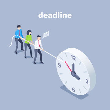 isometric vector illustration on a white background, people in business clothes pull back with a rope tied clock hand, stop time or deadline