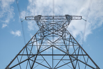 High voltage power line. Bottom view. Electricity supply theme