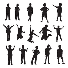 Fototapeta na wymiar Boy silhouettes set in different movements, Collection of kids silhouette in different poses.